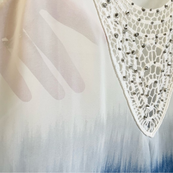 Sheer sleeveless white blouse crochet sequin décolletage ombré tie dye blue - Picture 11 of 11